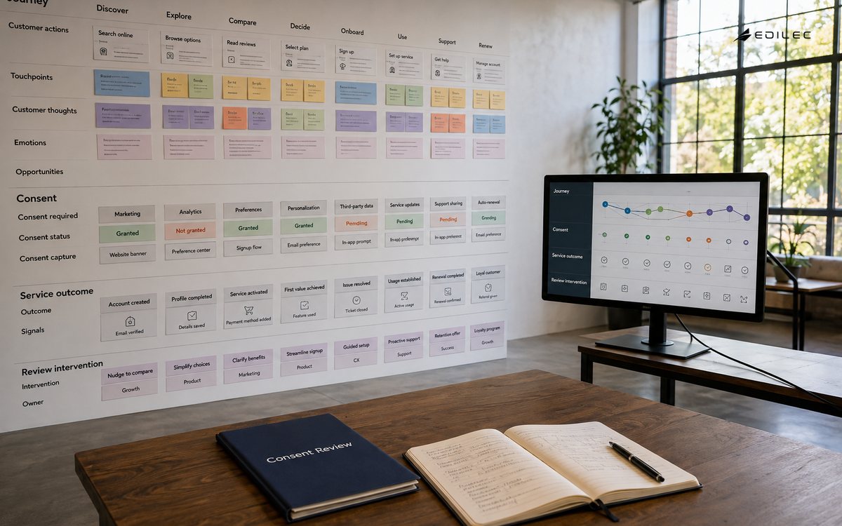 Wide view of an unoccupied customer research studio with journey cards across a long wall, modest side monitor in visible housing, open notebook and consent review folder.