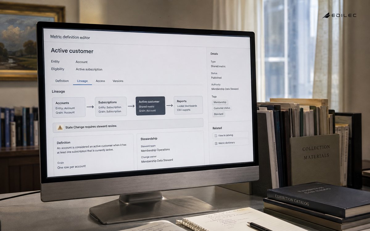 A metric definition interface shows account grain, eligibility and lineage.