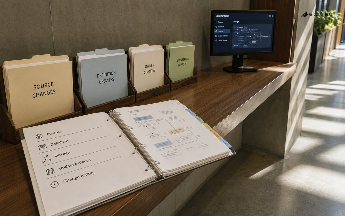 Wide photograph of a data product documentation reference corner, open lineage binder and source-change folders on reading bench with a small opaque mounted screen at far end. Window stripes on concrete floor.