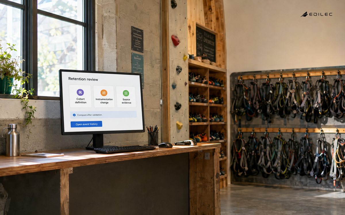 A climbing-gym operations nook shows a retention review paused for instrumentation checks.
