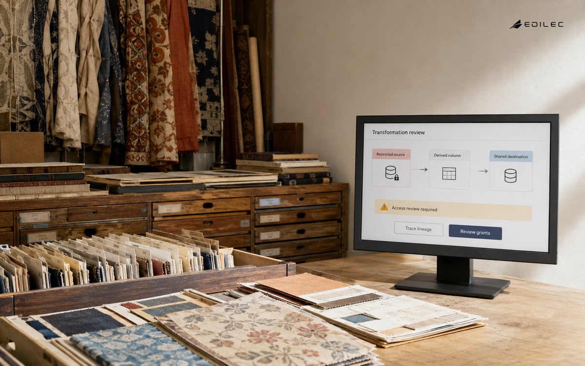 A textile archive workroom shows a transformation requiring downstream access review.