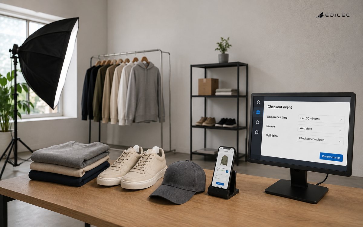 Wide empty online retail testing studio with a few product samples, phone in a physical cradle and a modest opaque monitor at side.