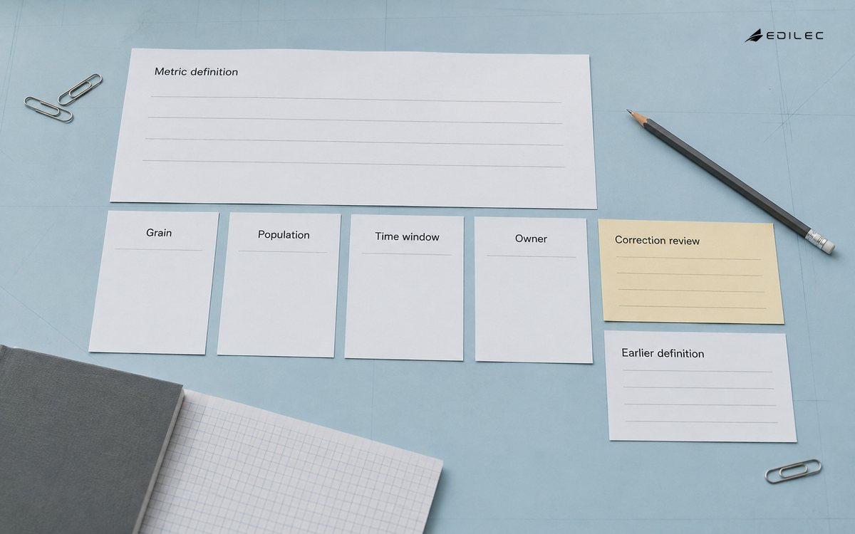 Paper cards separate the grain, population, time window and ownership of a KPI definition.