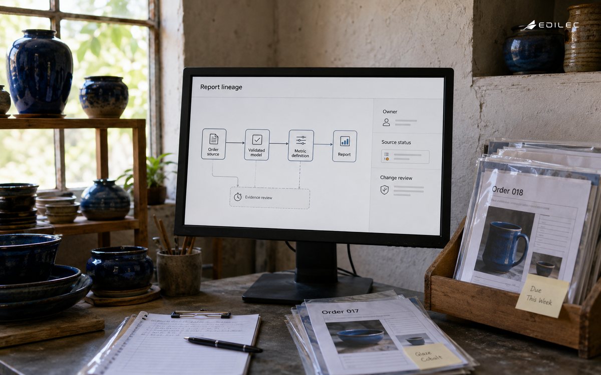 A ceramics planning alcove displays a report lineage from source records through a metric definition.