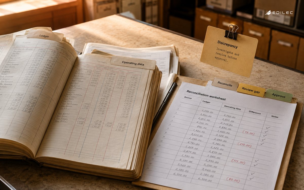 Warm sidelit close photograph of ledger and operating-report folders open beside a reconciliation worksheet on an accounting archive counter.
