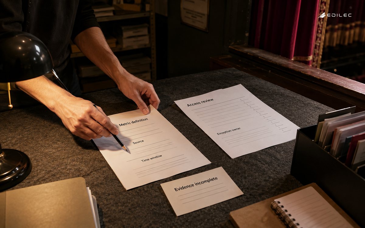 An analyst compares a metric definition with access and exception ownership in a box-office review.