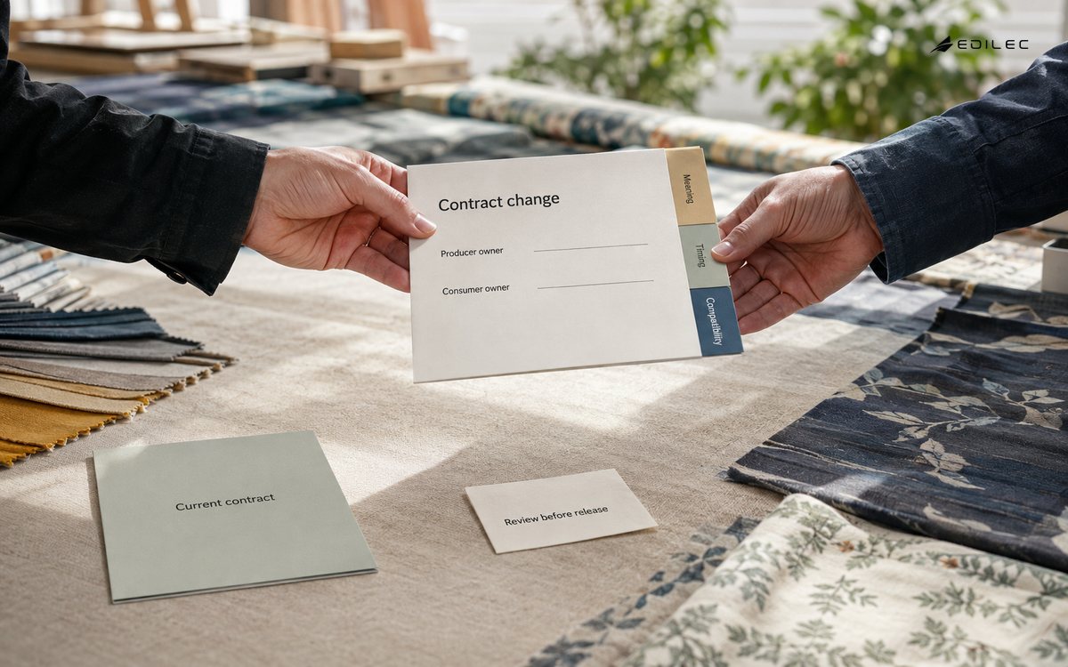 Colleagues exchange a contract-change packet while the current contract remains separately visible.