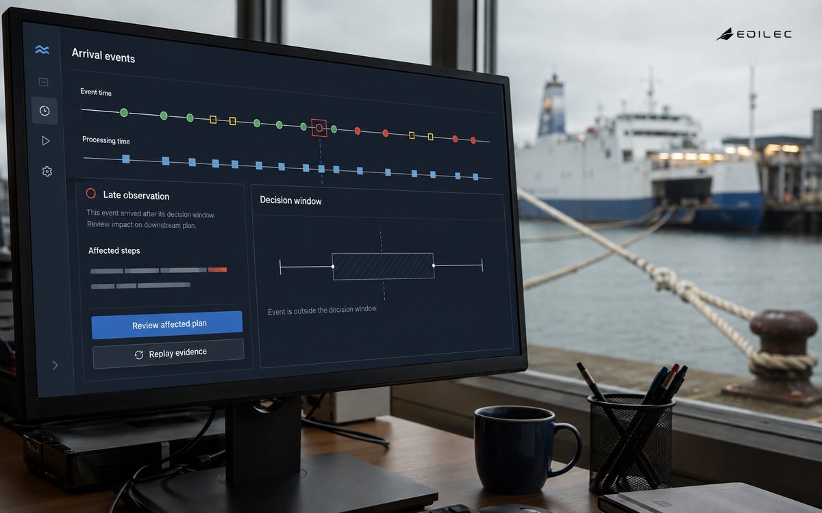 A harbour analytics screen separates event and processing time for a late observation requiring plan review.