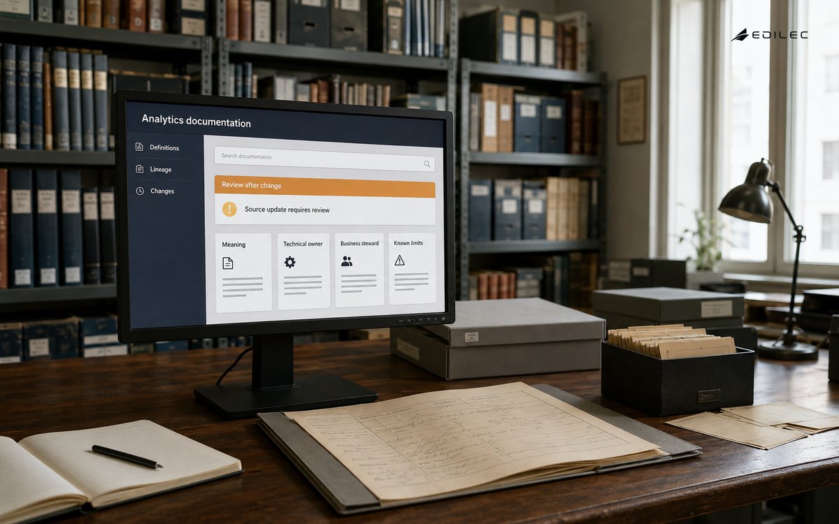 An archive reading room displays analytics documentation with lineage, complementary owners and a source-change review.