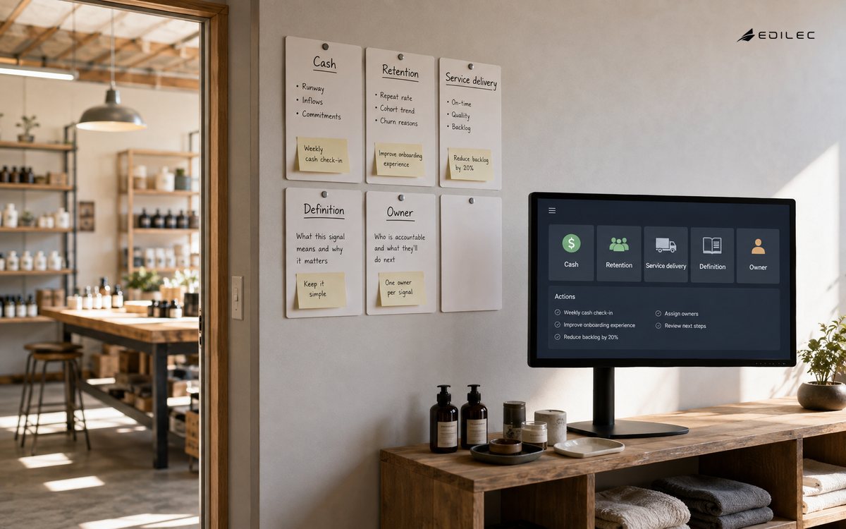 Wide empty founder planning room above a small retail workshop, wall decision cards and modest opaque monitor on stand beside product samples. Soft morning light, doorway perspective.