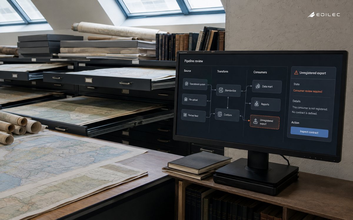 A map archive consultation area with a data pipeline consumer review.