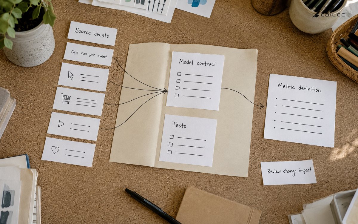 Paper event slips, a model contract and a metric definition illustrate a dbt modeling review.