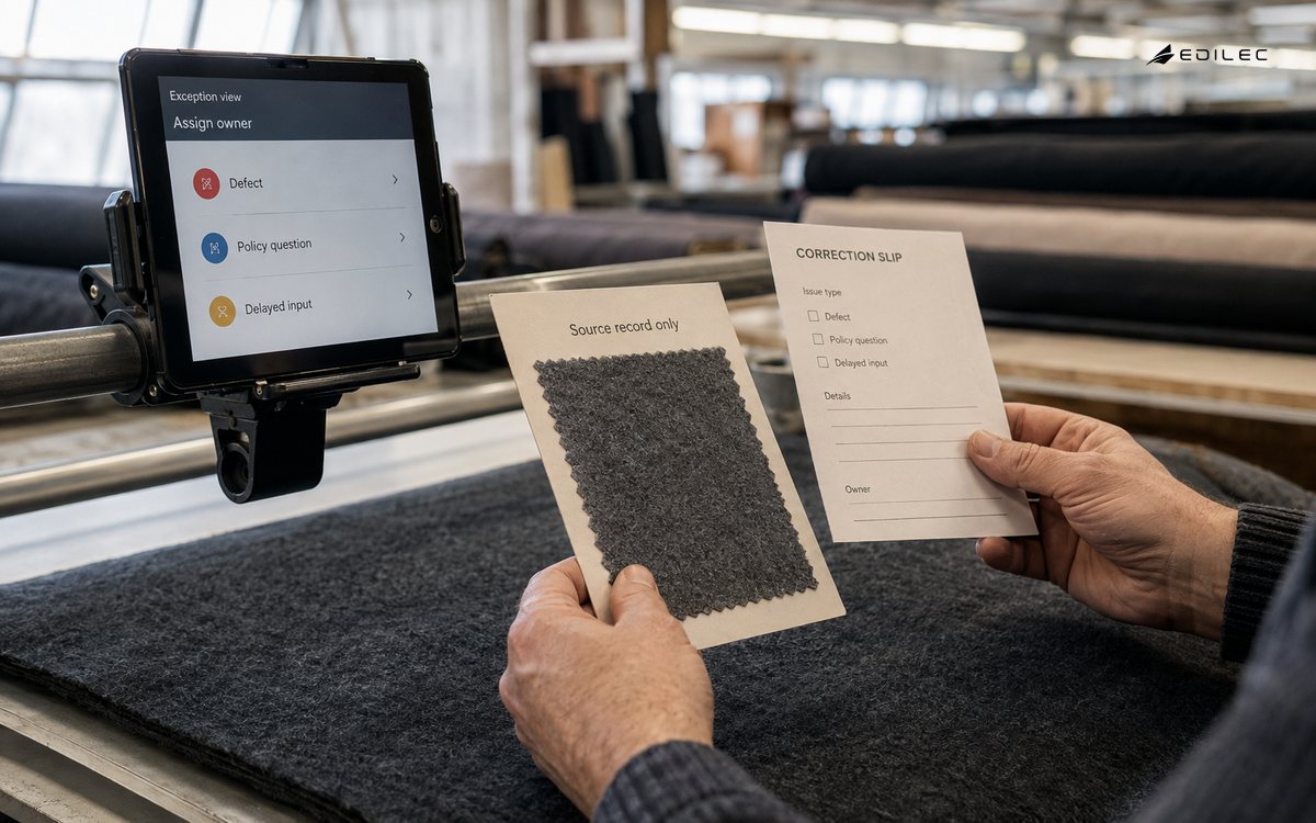 Hands compare a textile source card beside a categorized quality exception.