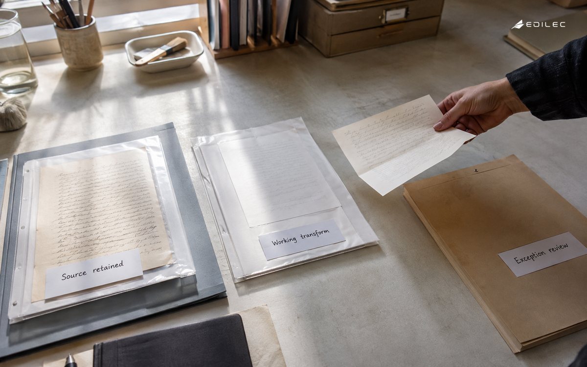 An original source sleeve stays separate from transformation and exception documents.