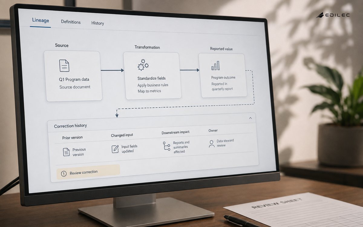 A lineage review connects source and transformation to a reported value and correction history.