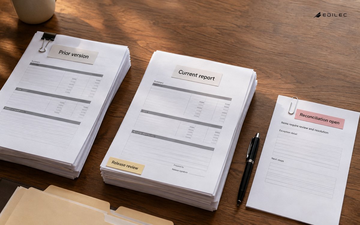 Overhead paper-only photograph at a cooperative accounts worktable.