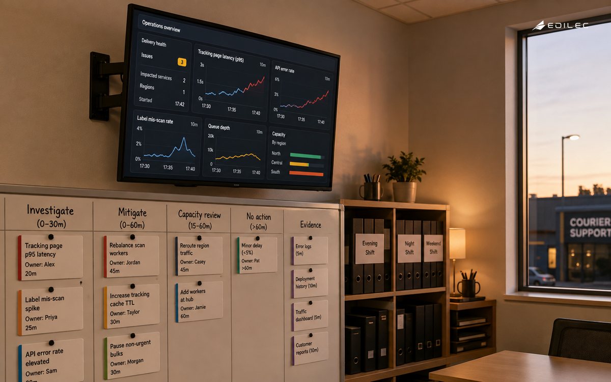Medium empty on-call decision room at a courier support office, shift folders and a modest opaque screen mounted on bracket.