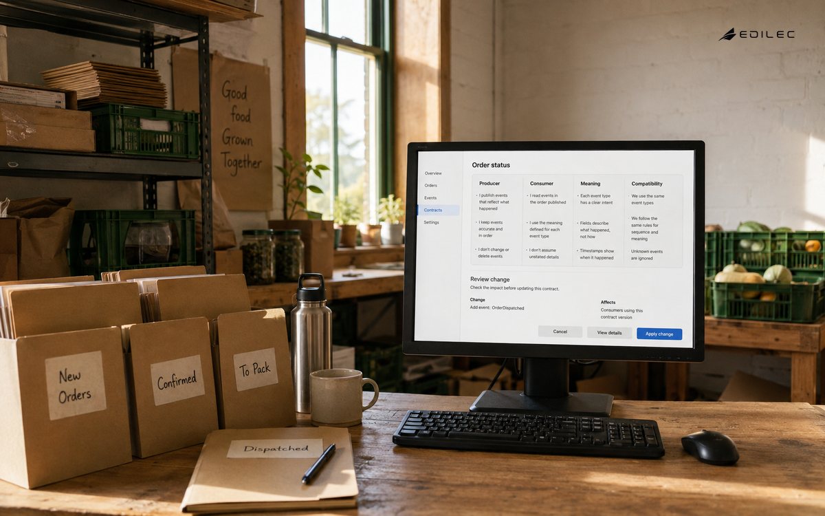 An order-event contract view sits beside packing-office work materials.