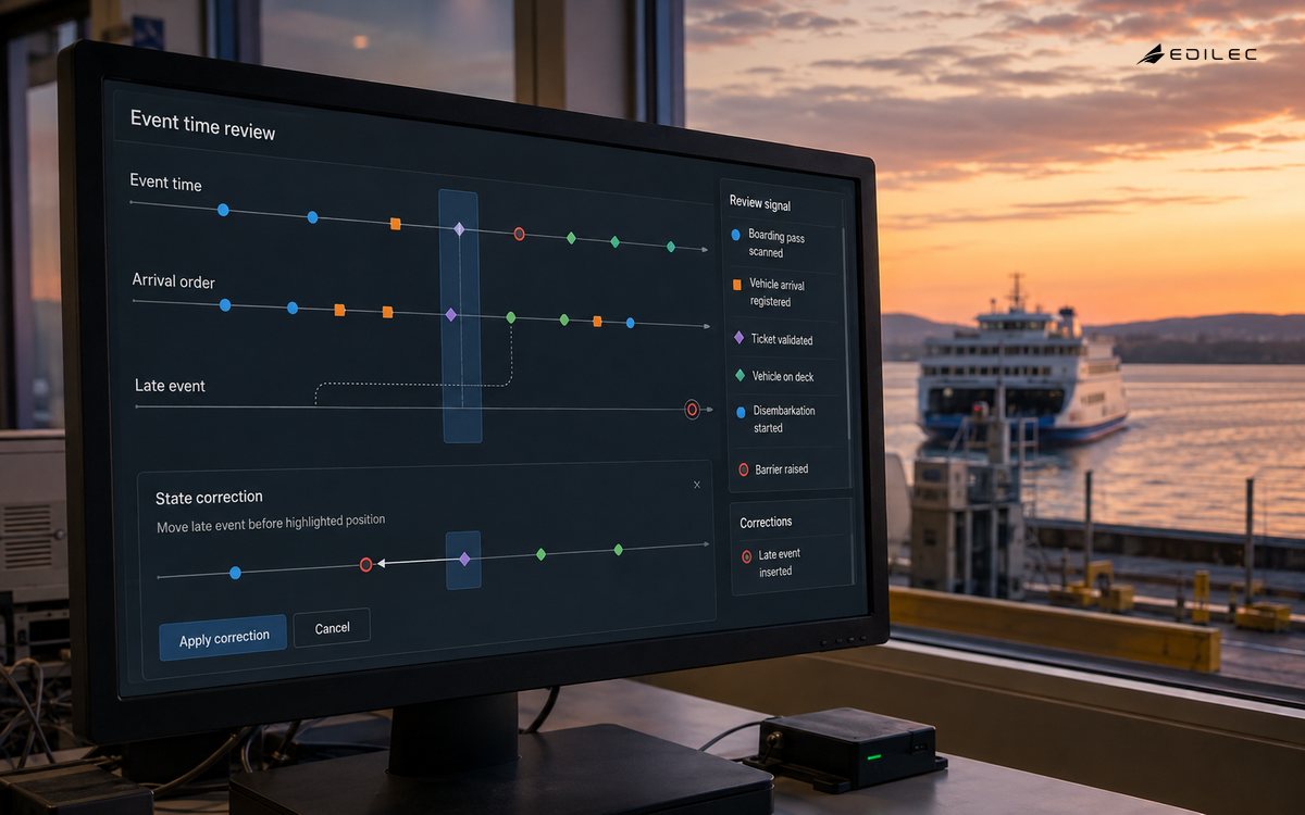 Close three-quarter photo of an opaque monitor on a real stand in a ferry terminal operations office.