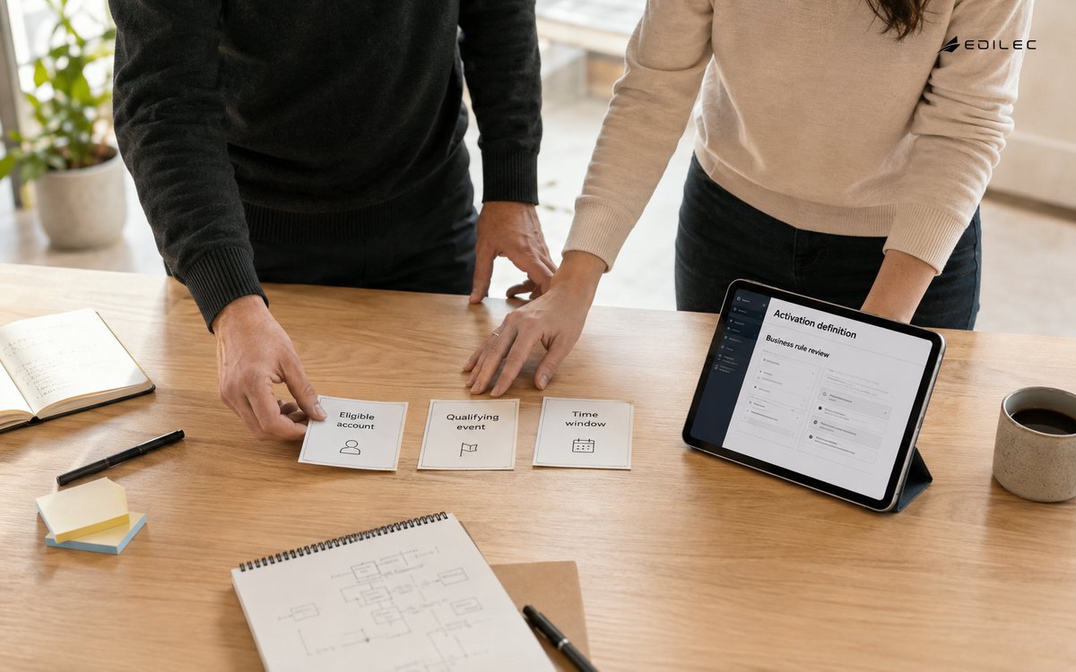 Candid high-side photograph of two standing cooperative operations reviewers aligning metric-definition cards on a meeting table beside a supported small opaque tablet.
