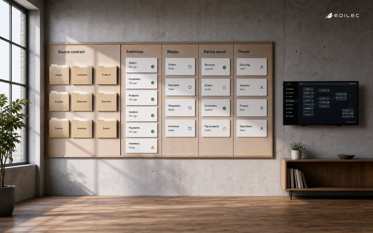 Wide empty analytics handoff studio with source-contract folders and freshness cards on a wall, small opaque monitor mounted at side, soft light from tall window.