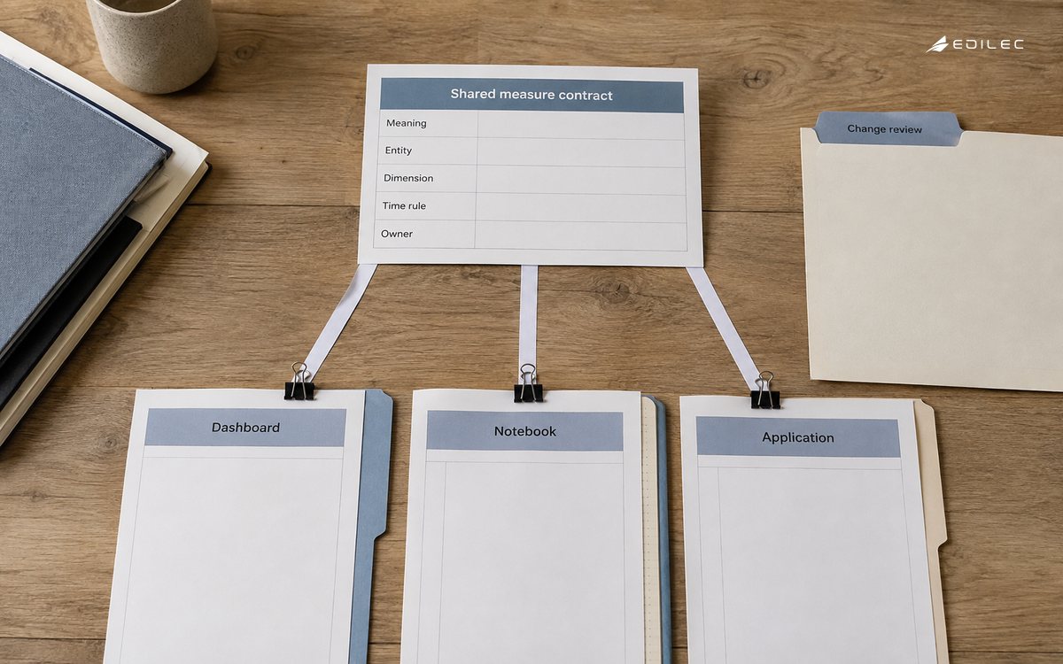 A shared measure contract connects dashboard, notebook and application consumers.
