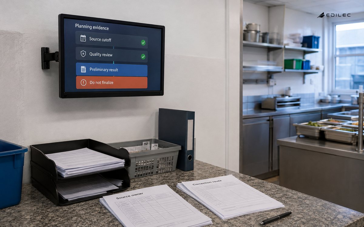 A kitchen planning view keeps a preliminary result under quality review before finalization.