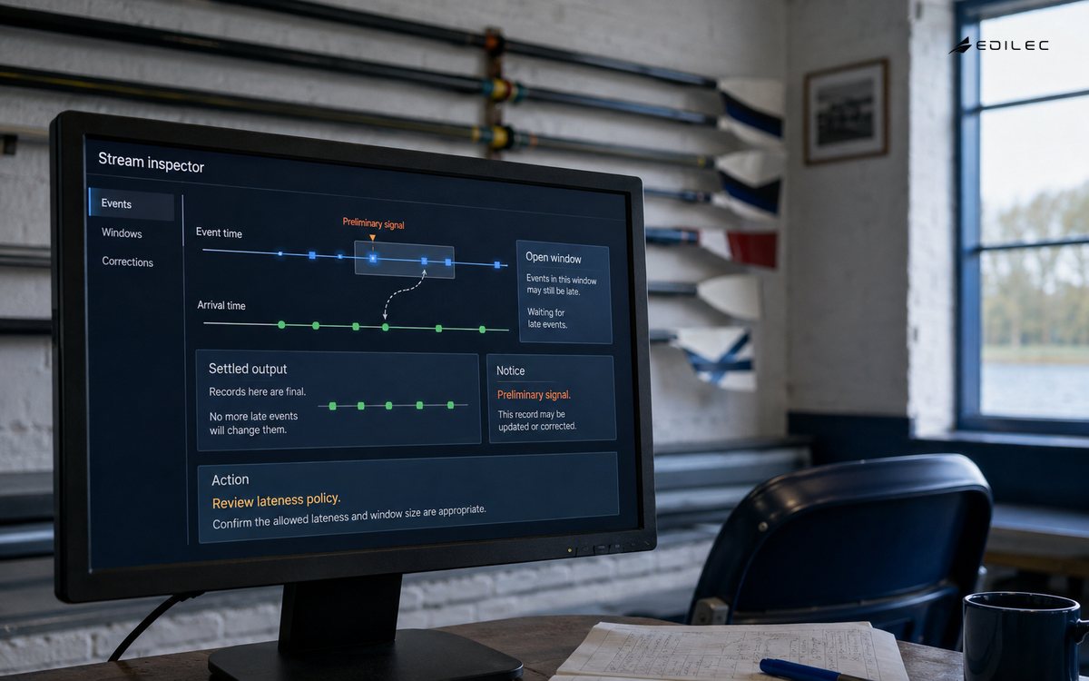 A stream inspector separates event and arrival time with a visible preliminary state.
