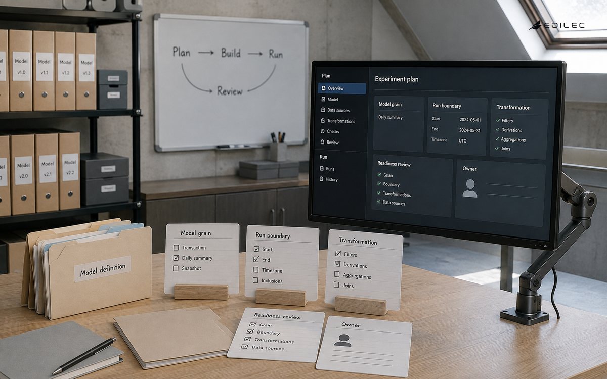 Medium empty product experiment planning studio with model definition folders, grain and run-boundary cards, and modest opaque monitor supported by metal arm.