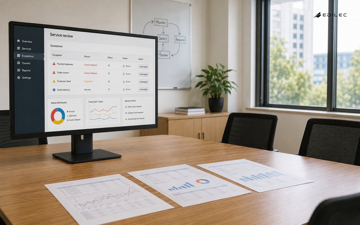Wide daylight photograph in a service planning room, three printed export sheets spread beside a modest supported monitor, empty chairs around an oak review table; the monitor occupies a quarter of frame.