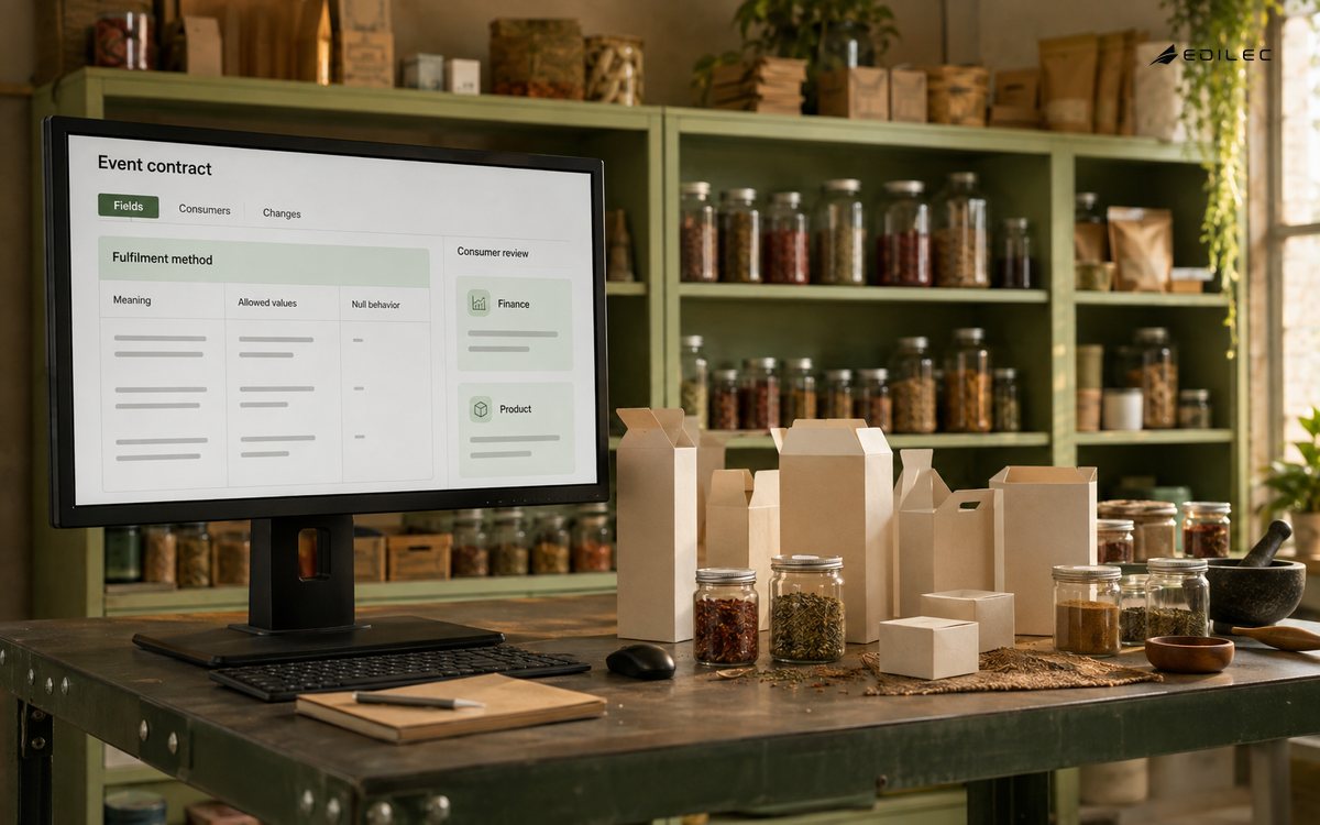 A packaging nook screen shows an event-field contract under review by finance and product consumers.