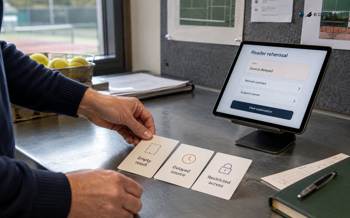 A product lead rehearses empty, delayed and restricted dashboard states beside a source-delay explanation.