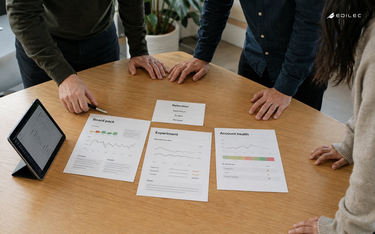 Editorial view of standing reviewers aligning three paper views titled Board pack, Experiment, Account health around one metric-definition card; a small supported tablet at edge.