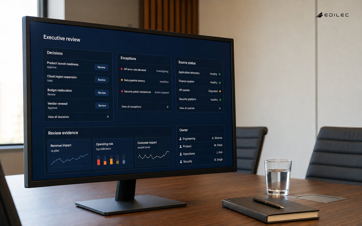 Editorial view of a premium ordinary monitor on its real stand in a quiet boardroom, screen roughly half frame, dark blue and ivory decision surface with contextual panels and source status.