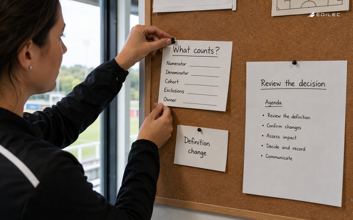An analyst pins a KPI definition card with cohort, exclusions and ownership beside a review agenda.