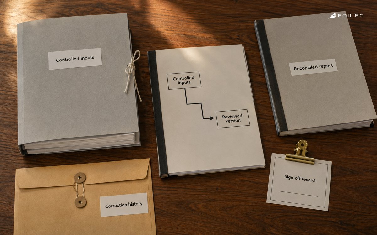 A finance review packet links controlled inputs and reconciliation to the exact reviewed report version.