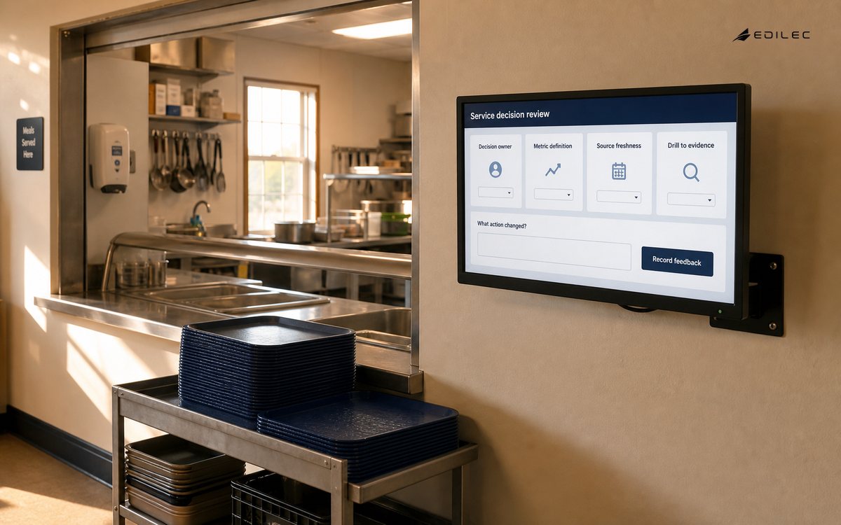 A food-kitchen planning room links a reporting decision to source evidence and user feedback.