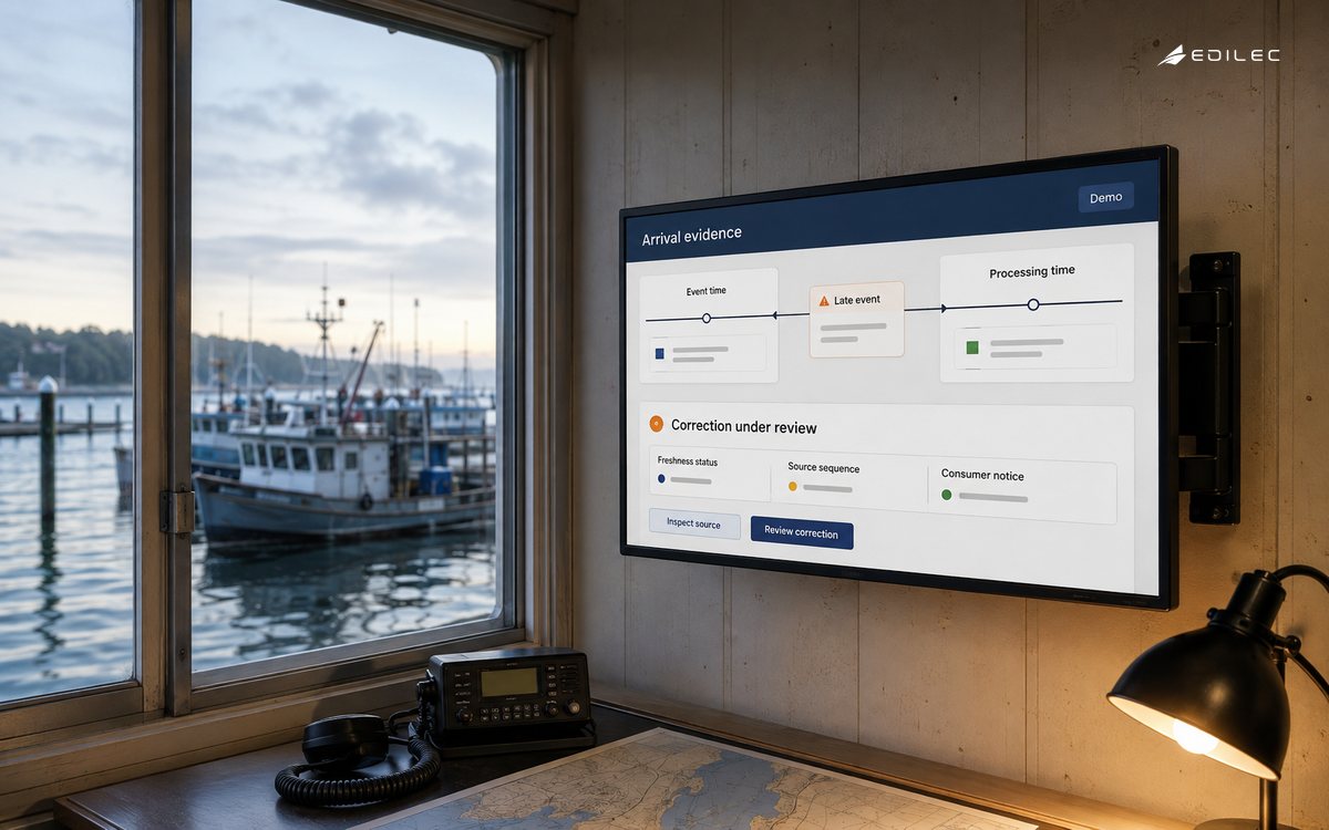 A harbor scheduling office displays event and processing-time lanes with a late-event correction review.