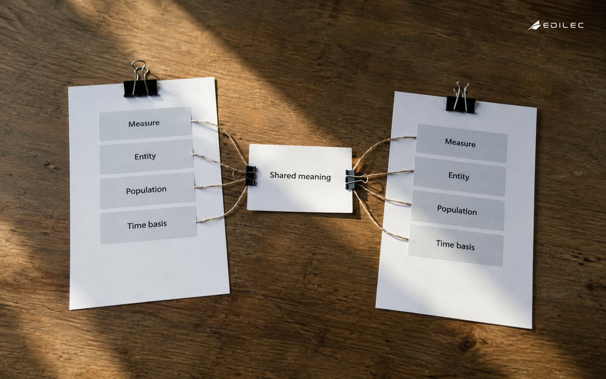 Two report sheets refer to one shared metric-definition card.