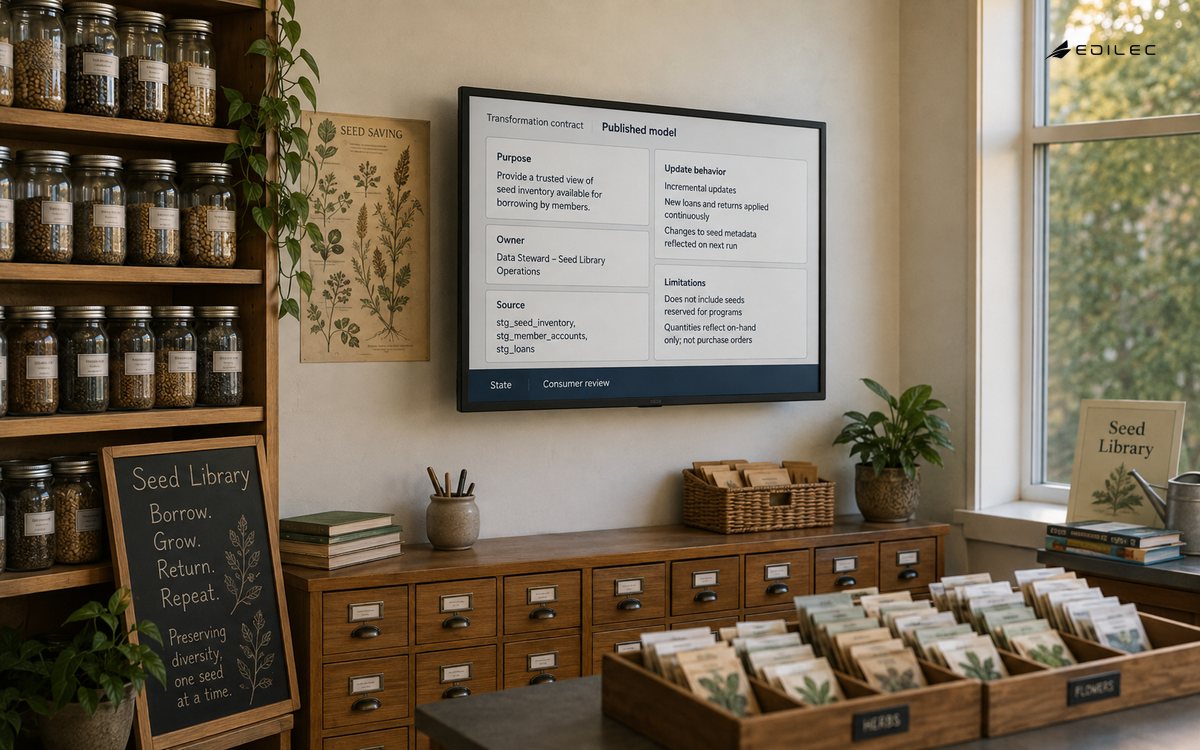 Wide photo of a seed-library operations corner with shelving, catalog drawers and a modest mounted opaque screen.