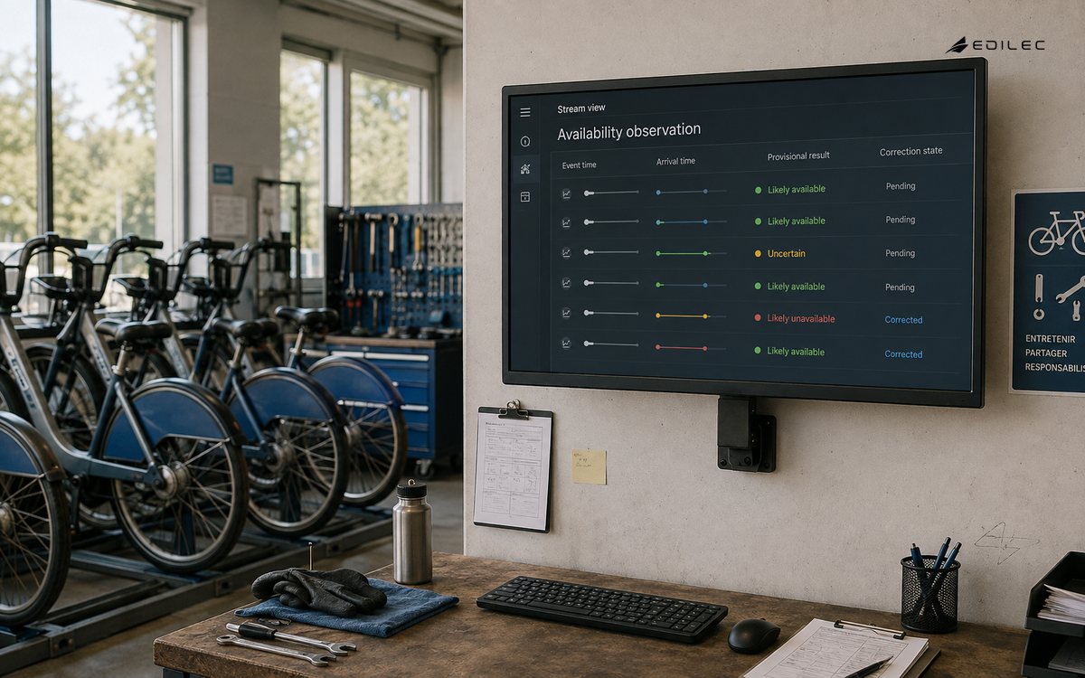 Medium wide photo of a municipal bicycle-share maintenance office, wheel racks and a modest opaque mounted terminal.