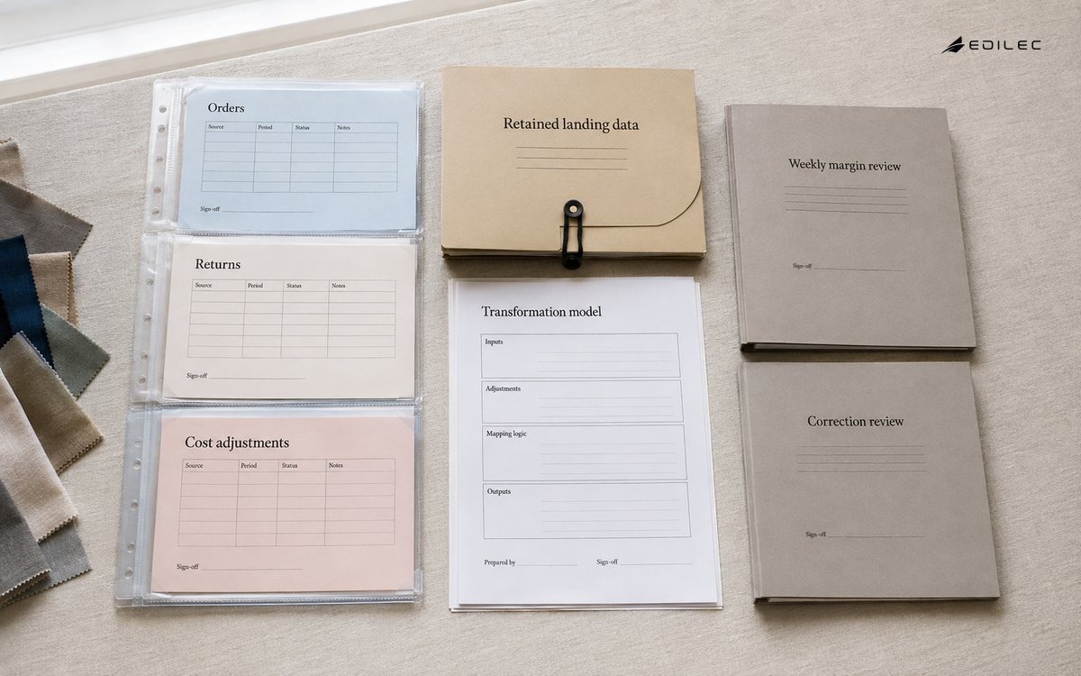 A weekly margin review remains traceable to original records and retained landing data.