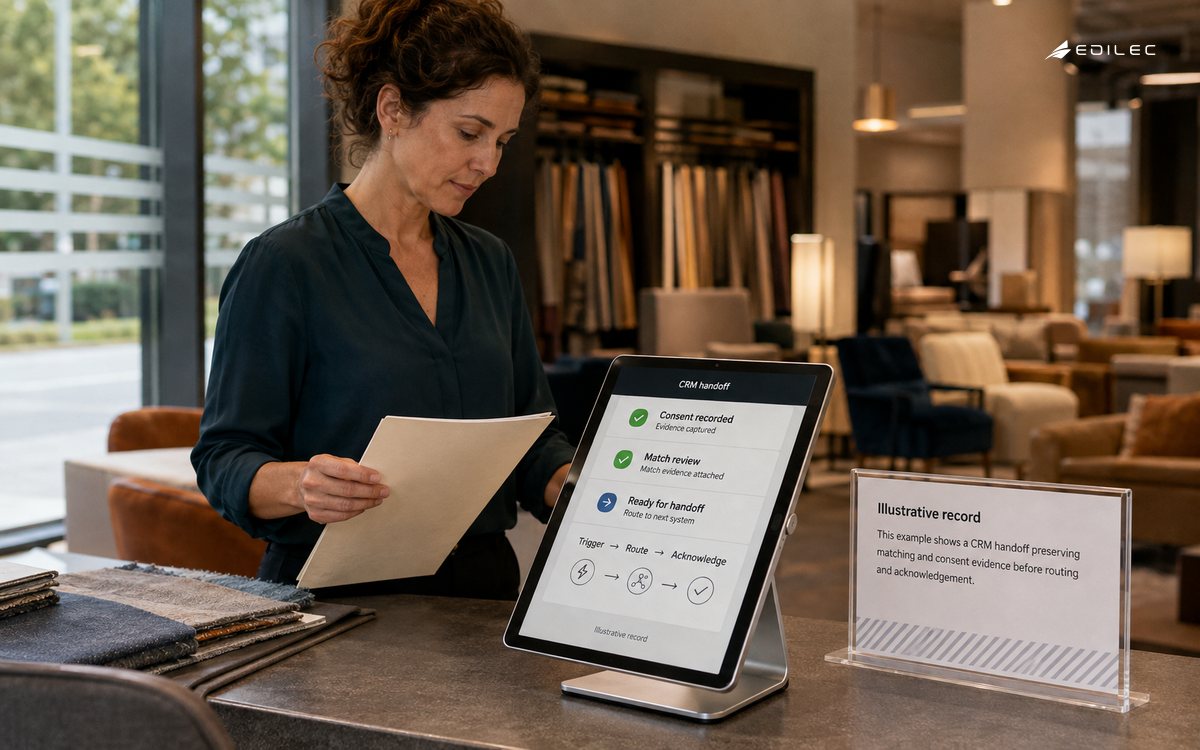 Service coordinator reviews a consent and matching handoff at a showroom counter.