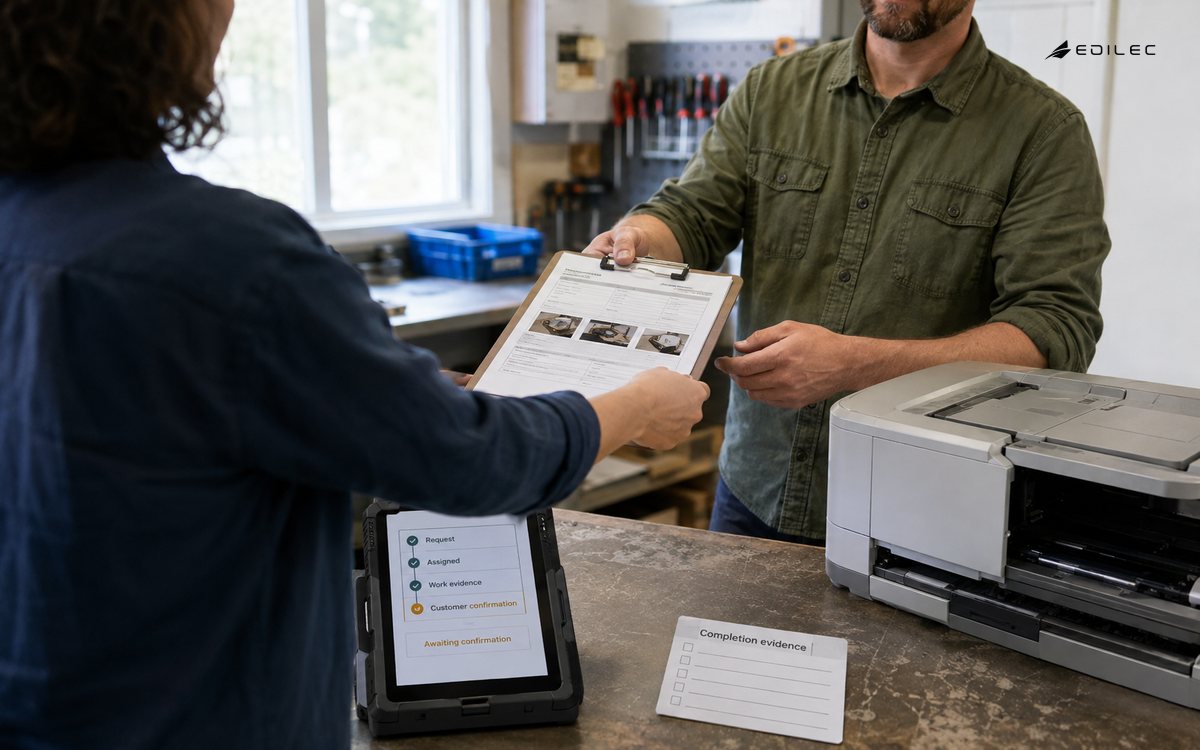Two standing service workers exchange completion evidence beside a repaired printer and confirmation tablet.