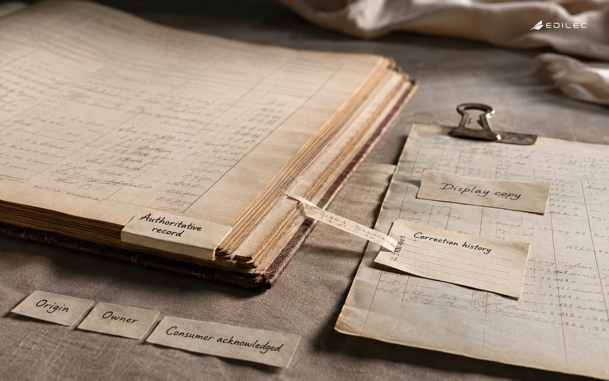 An authoritative ledger is distinguished from a display copy and a linked correction-history slip.