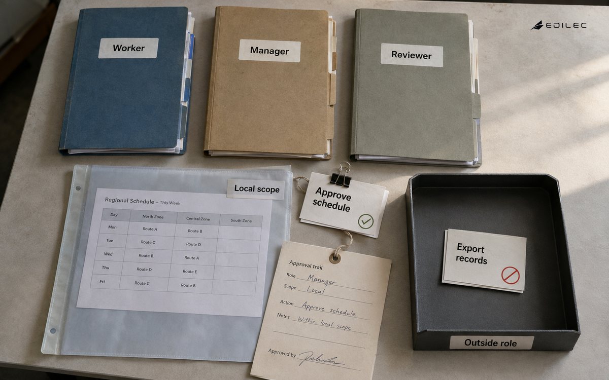 Role folders and a local-scope schedule distinguish schedule approval from record export.
