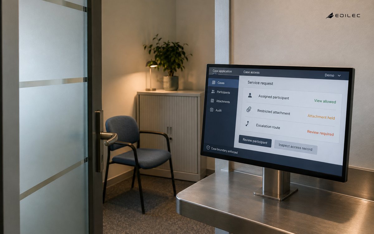 A case-access application sits within a private service consultation booth.