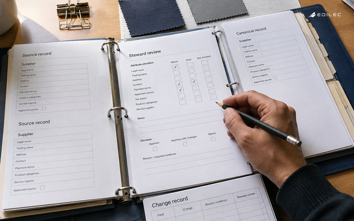 A steward reconciles two paper supplier record templates into one authoritative record in an open ring binder.