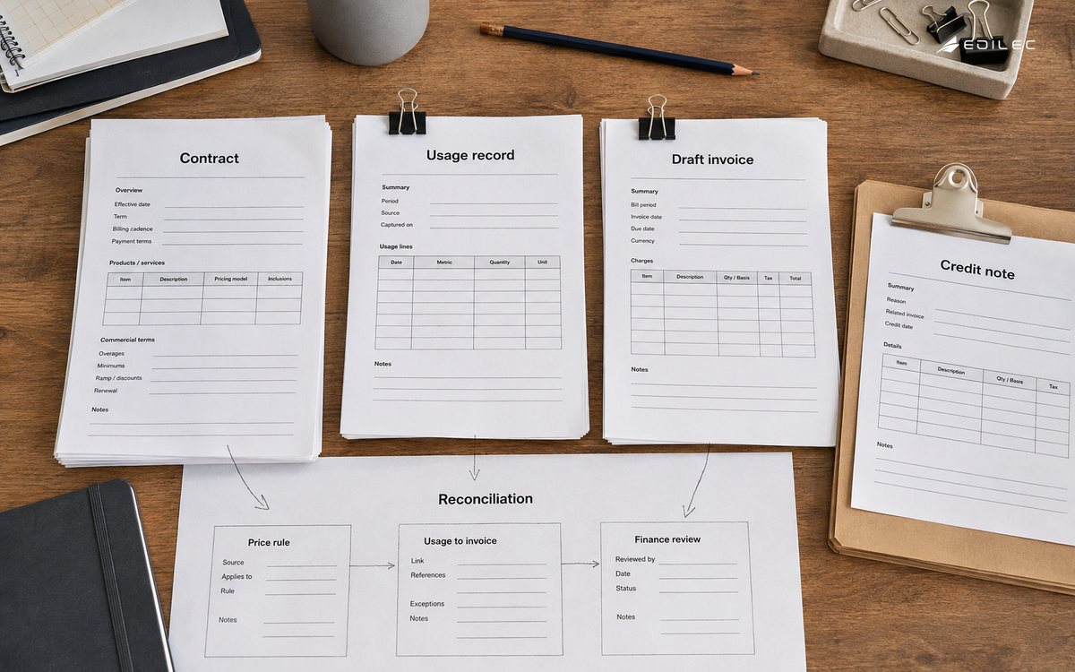 Contract, usage and draft invoice forms are reconciled beside a controlled credit-note folder.