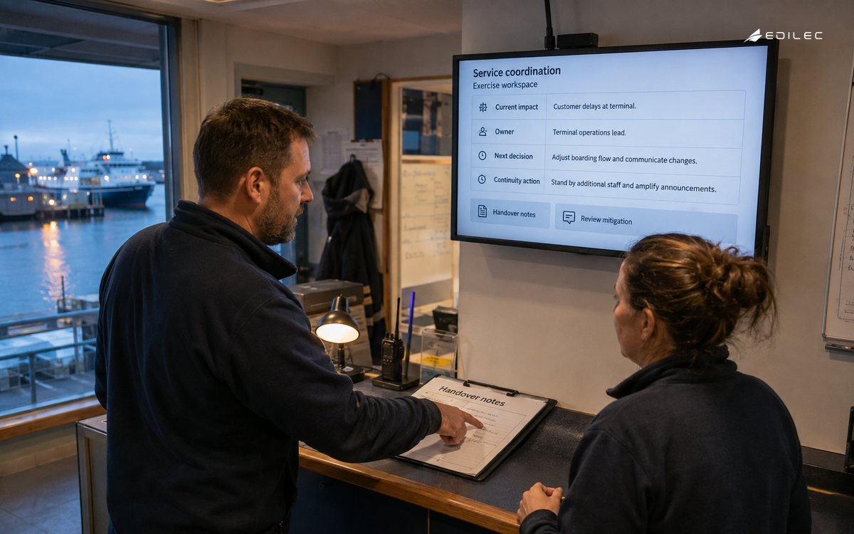 Ferry operations staff use a shared impact-and-decision view during a handover exercise.